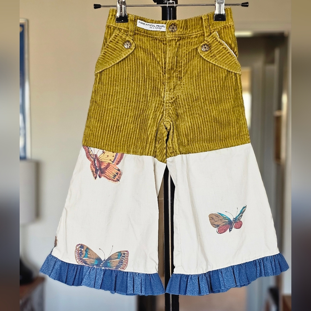 Poor Pitiful Pearl Upcycled Corduroy and Butterfly Print Kids Bell Bottom Pants